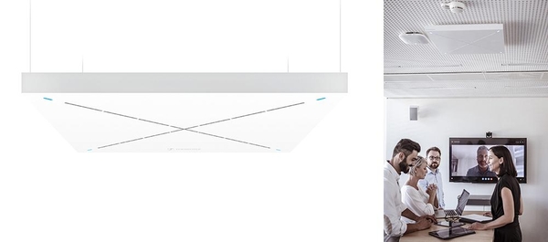 젠하이저의 천장형 마이크 ‘팀커넥트 실링2’(왼쪽)와 회의실에 설치한 모습 / 젠하이저