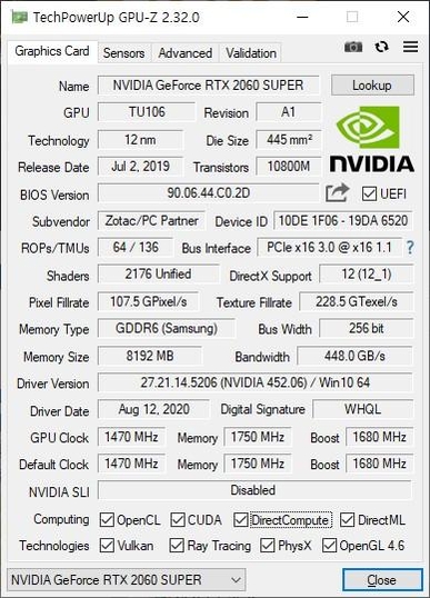 조텍 2060S 화이트 에디션의 GPU-Z 정보 / 최용석 기자