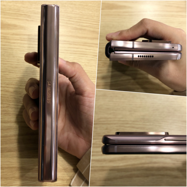 왼쪽 사진부터 시계방향으로 갤럭시Z폴드2 옆면 힌지 모습과 위에서 바라본 모습, 카메라가 튀어나와 있는 정도를 확인할 수 있다. / 김평화 기자