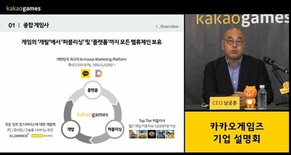 8월 개최한 기업 설명회에서 카카오게임즈의 핵심 경쟁력에 대해 소개하는 남궁훈 대표 / 오시영 기자