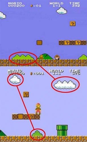 슈퍼마리오브라더스 게임 화면, 자세히 보면 구름과 수풀의 모양이 같다는 사실을 알 수 있다. / 온라인 커뮤니티