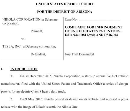 니콜라가 테슬라로 상대로 델라웨어지법에 제출한 특허침해소장. 적용특허 3개(D811944, ㅇ811968, D816004)가 모두 '디자인특허'로 적시돼 있다./ 자료 니콜라