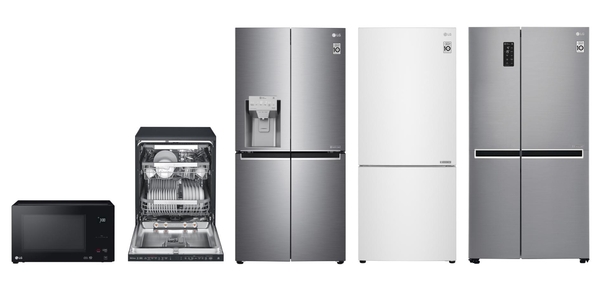 왼쪽부터 LG전자 전자레인지(모델명: MS4296OBC)와 식기세척기(모델명: XD3A25MB), 프렌치도어 냉장고(모델명: GF-L570PL), 상냉장·하냉동 냉장고(모델명: GB-455WL), 양문형 냉장고(모델명: GS-B680PL) / LG전자