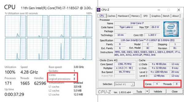 윈도 작업관리자(왼쪽)와 CPU-Z로 확인해 본 인텔 11세대 코어 i7-1185G7 프로세서의 기본 정보 / 최용석 기자