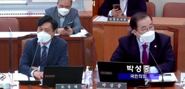 의사진행발언 중인 조승래 의원(왼쪽)과 박성중 의원/ 국회의사중계갈무리
