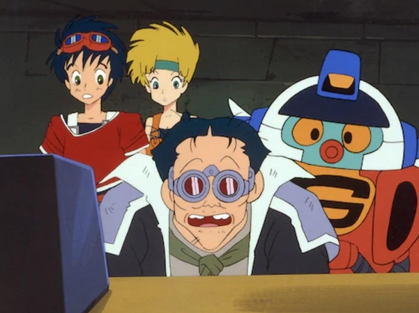 키우이 박사(가운데), 주인공 마이클(왼쪽), 여주인공 파티, 로봇 점프(오른쪽). / 반다이채널