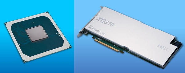 인텔의 서버 GPU(왼쪽)와 이를 4개 탑재한 H3C XG310 GPU 확장 카드 / 인텔