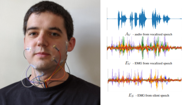  안면 근전도(EMG) 검사하는 모습(좌측)과 측정된 다양한 EMG 데이터. / Digital Voicing of Silent Speech(2020)