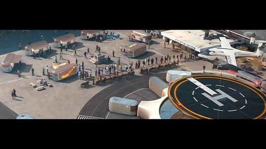 현대자동차가 2020년 CES에서 공개한 미래 모빌리티 비전. 헬리콥터 착륙장과 유사한 형태의 모빌리티 거점 허브(Hub)와 플라잉 택시로 활용되는 UAM 등을 확인할 수 있다. / 현대자동차