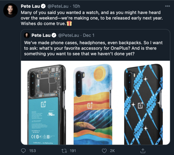 피터 라우 원플러스 CEO가 자신의 트위터 계정에 스마트 워치 출시 계획을 알리고 있다. / 피터 라우 트위터 계정