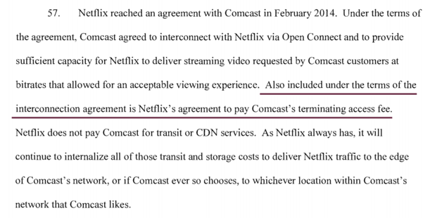 넷플릭스가 FCC에 제출한 진술서 일부 내용. 넷플릭스 측은 컴캐스트에 망 이용대가를 내고 있다고 밝혔다. / FCC