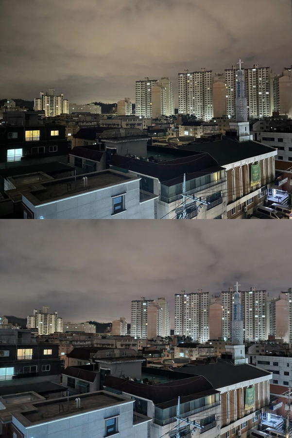 아이폰12미니로 찍은 야간 사진(위)과 갤럭시S21로 찍은 야간 사진. 색감에서 차이가 있다. / 김평화 기자