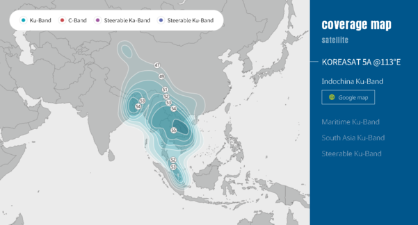 무궁화위성 5호의 동남아시아지역 커버리지 범위를 표시한 지도 / KT SAT