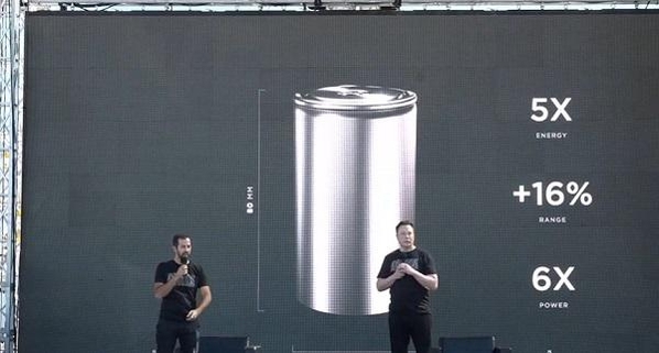 일론 머스크 테슬라 CEO(오른쪽)와 드류 베그리노 테슬라 부사장이 2020년 9월 배터리 데이에서 새로운 원통형 배터리셀 ‘46800’을 소개하는 모습 / 유튜브