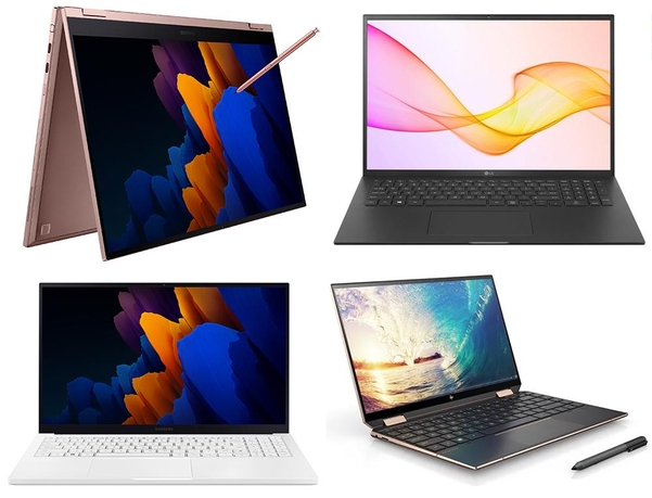 인텔 이보 인증을 받은 2021년형 신형 노트북(왼쪽 위부터 시계방향으로 삼성 갤럭시북 플렉스2, LG 그램 17 2021, HP 스펙터 X360 13, 삼성 갤럭시북 이온2) / 삼성전자, LG전자, HP