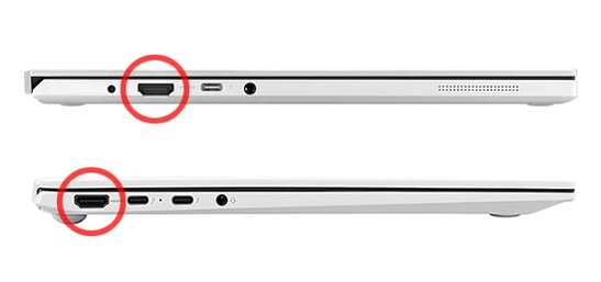 삼성 갤럭시북 이온2(사진 위)와 LG 그램 16에 제공되는 HDMI 포트의 모습 / 삼성전자, LG전자