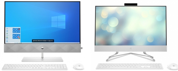 HP 파빌리온 올인원 PC의 히든형 웹캠을 숨긴 모습(왼쪽)과 드러낸 모습 / HP