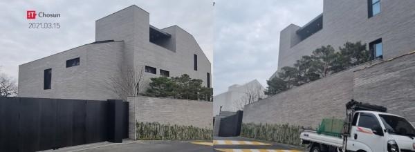 2018년 작업을 시작해 최근 모습을 드러낸 서울 용산구 이태원 최회장 새 저택 모습. 최근 검은색의 대문이 세워졌다. 지하 4층, 지상 2층 구조이지만 외부에는 지상 2층만 보이도록 설계됐다. / IT조선
