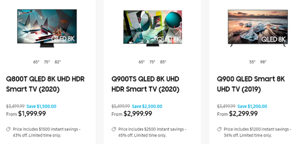 삼성전자 2020·2019년형 QLED TV 제품의 북미 시장 가격 안내 화면 / 삼성전자