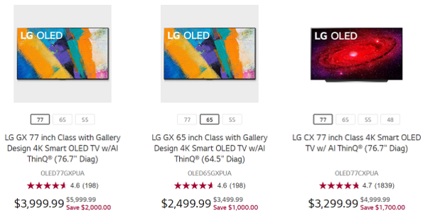 LG전자가 미국 홈페이지를 통해 판매 중인 2020년형 OLED TV 가격 안내 이미지 / LG전자