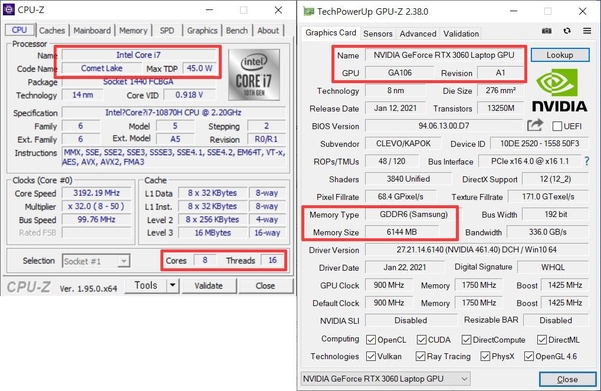 CPU는 인텔 10세대 코어 i7-10850H(왼쪽)를 탑재했지만, GPU는 최신 제품인 지포스 RTX 3060을 탑재했다. / 최용석 기자