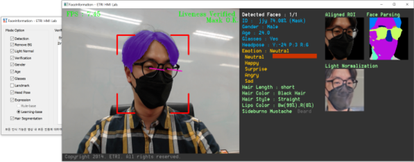 연구진이 개발한 AI 기반 얼굴정보 인식 기술로 실시간 화면 이미지에서 맞춤형 시각정보를 추출하는 모습 / ETRI