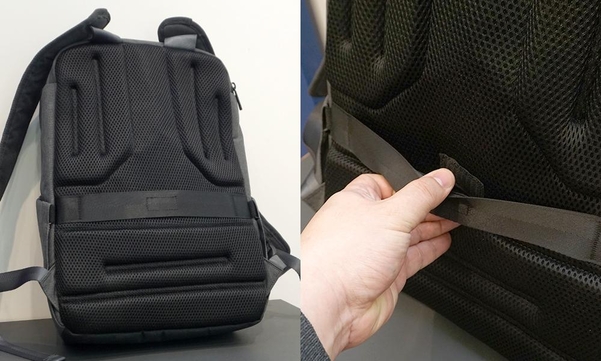 뒤쪽과 어깨끈은 통기성 좋은 메시 소재 통풍 패드를 적용했다. 뒤쪽 중앙의 '트롤리 스트랩'(오른쪽)으로 여행용 가방에 쉽게 얹어서 이동할 수 있다. / 최용석 기자