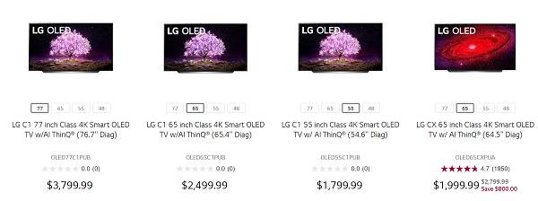 LG전자 미국 홈페이지에서 판매 되는 2020년형 OLED TV(오른쪽 첫 번째)와 2021년형 OLED TV / LG전자