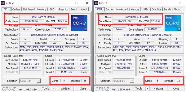 인텔 11세대 코어 i9-11900K(왼쪽)와 i5-11600K 프로세서의 CPU-Z 정보 / 최용석 기자