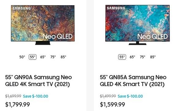 미국 홈페이지에서 시리즈별 100달러 일괄 할인 중인 네오 QLED 4K 55인치 제품 / 삼성전자