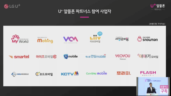LG유플러스의 U+알뜰폰 파트너스에 참여하는 중소 알뜰폰 사업자 목록 / LG유플러스 유튜브 채널 갈무리