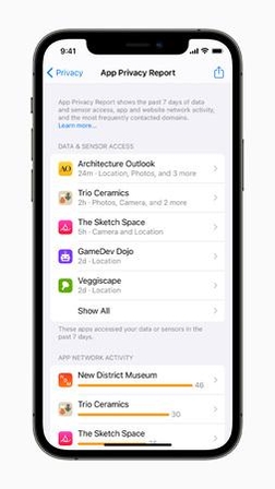 앱에 부여된 접근 권한 사용 내역을 앱 개인정보보호 리포트 모습 / 애플