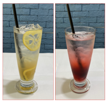 왼쪽은 애플 블렌딩 티 농축원액에 레몬청과 탄산수를 더하여 만든 음료이고, 오른쪽은 붉은 색 열대과일 블렌딩 티 농축원액에 자몽청과 탄산수를 더하여 만든 음료(젬인브라운 메뉴 참조)