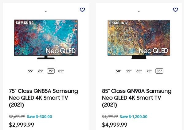 미국 홈페이지에서 할인 중인 네오 QLED QN90A·QN85A(4K)제품 / 삼성전자