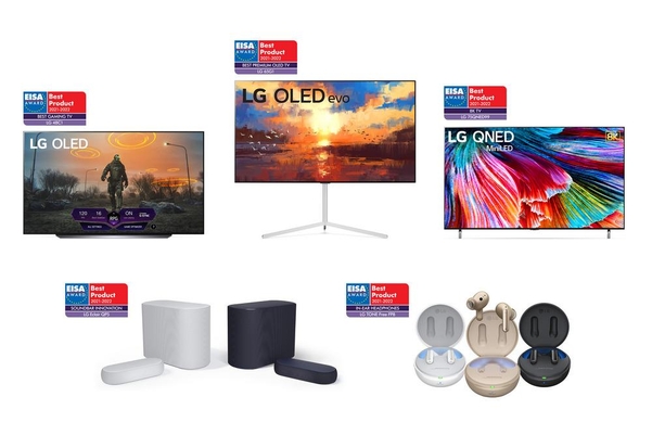 EISA ‘최고의 제품’으로 선정된 LG전자의 TV 및 오디오 제품(왼쪽 위부터 시계방향으로 48형 올레드 TV, LG 올레드 에보, LG QNED 미니LED, LG 톤 프리, LG 사운드 바 에클레어) / LG전자