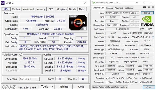 CPU는 8코어 16스레드의 AMD ‘세잔’ 기반 라이젠 9 5900HS 프로세서를, GPU는 엔비디아 RTX 3050 Ti를 탑재했다. / 최용석 기자