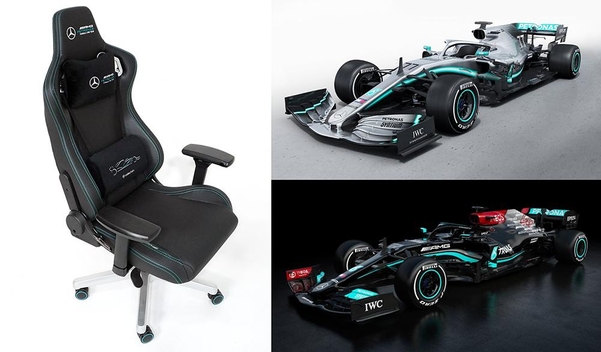 의자의 전체적인 배색은 메르세데스 AMG 페트로나스 F1 팀의 F1 머신(오른쪽) 및 콘셉트 컬러와 매칭이 된다. / 최용석 기자