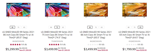 미국 홈페이지에서 할인 중인 ‘LG QNED 미니LED’ TV / LG전자