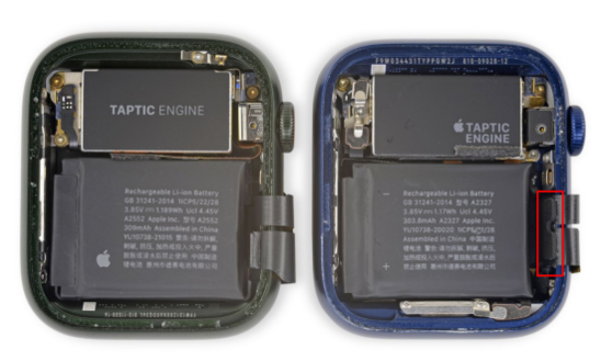 애플워치7(45mm, 왼쪽)과 애플워치6(44mm) 내부 모습. / 아이픽스잇