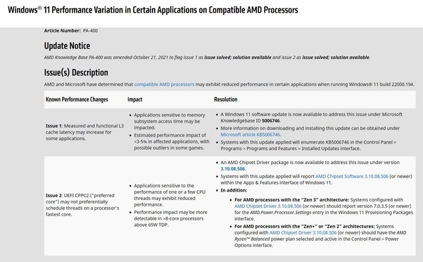 AMD가 윈도11 성능저하 문제의 해결 방법을 소개하는 안내 사이트 / AMD