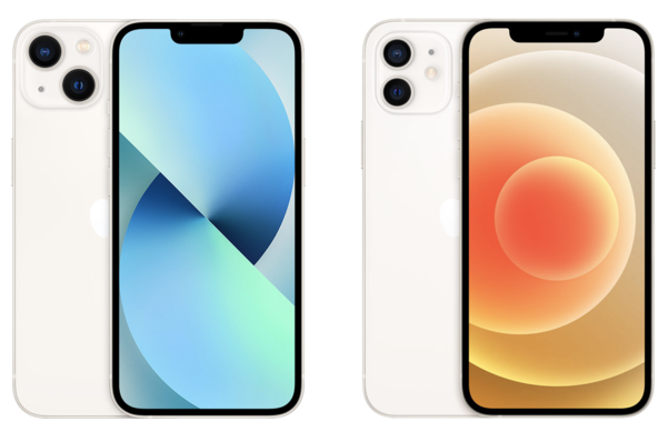 스타라이트 색상의 아이폰13(왼쪽)과 화이트 색상의 아이폰12. 후면 카메라 배치와 전면 디스플레이에 있는 노치 크기를 제외하면 디자인이 거의 유사하다. / 애플 홈페이지 갈무리