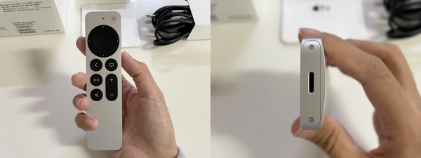 시리 리모트 정면(왼쪽)과 후면. 후면에 애플 특유의 라이트닝 8핀 충전 단자가 있다. / 김평화 기자