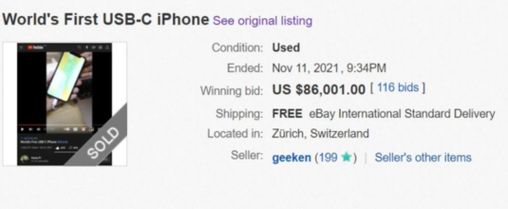 USB-C 타입 아이폰이 이베이 경매에서 8만6001달러에 낙찰됐다. / 이베이 갈무리