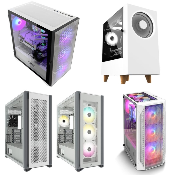 다양한 화이트 색상의 PC 케이스 제품들(왼쪽 위부터 시계방향으로 다크플래쉬 DLX21, 마이크로닉스 EM1-우퍼, 컴이지 킹덤 코디101 V2, 커세어 7000D/7000X) / 각 제조사