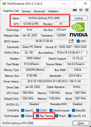 조텍 게이밍 지포스 RTX 3050 OC 트윈엣지 제품의 GPU-Z 정보. 보급형 라인업이지만 최신 RTX 그래픽 기술을 지원한다. / 최용석 기자