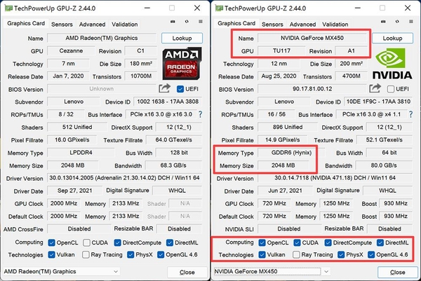 요가 슬림7 카본은 AMD CPU 내장 그래픽(왼쪽) 외에도, 별도 외장 그래픽인 ‘지포스 MX450’(오른쪽)을 탑재해 한 수 위의 그래픽 성능을 제공한다. / 최용석 기자