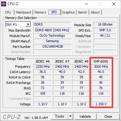 CPU-Z로 확인해본 올로와이 DDR5-6000 블레이드 메모리의 제품 정보. XMP 3.0 규격을 지원하며, 삼성의 DDR5 메모리칩을 채택했다. / 최용석 기자.
