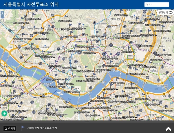 ‘모두의지도’로 만든 제20대 대통령 선거 사전투표소 위치 알림 지도 모습 / 한국공간정보통신