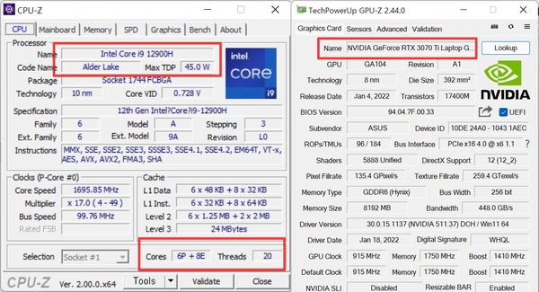 최대 20코어 구성의 인텔 12세대 프로세서(왼쪽)와 최상급 노트북용 지포스 RTX 30시리즈 GPU를 탑재해 최고 수준의 컴퓨팅 및 게이밍 퍼포먼스를 제공한다. / 최용석 기자