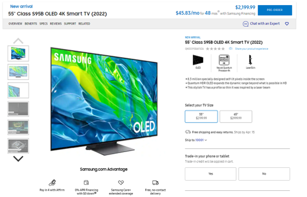 삼성전자 공식 홈페이지에 게시된 QD-OLED TV ‘S95B’ 구매 정보 / 삼성전자